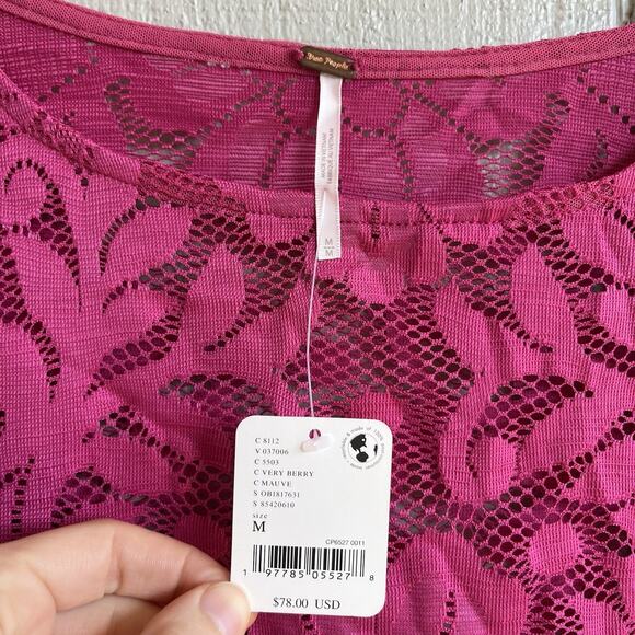 Free People NWT Wild Roses Lace Long Sleeve Top Very Berry Mauve Size M - Picture 3 of 9